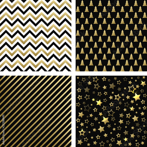 Christmas black and gold seamless patterns. Vector set of minimal backgrounds