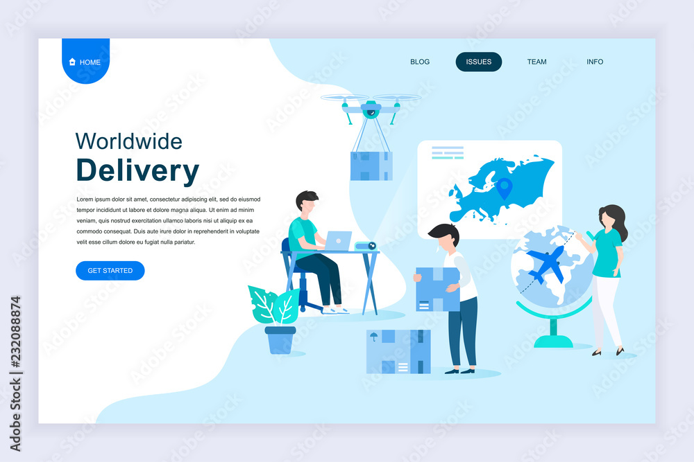 Modern flat design concept of Worldwide Delivery for website and mobile website development. Landing page template. Warehouse, truck, forklift, courier, drone and delivery man. Vector illustration. Modern flat design concept of Worldwide Delivery for website and mobile website development. Landing page template. Warehouse, truck, forklift, courier, drone and delivery man. Vector illustration.