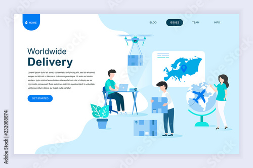 Modern flat design concept of Worldwide Delivery for website and mobile website development. Landing page template. Warehouse, truck, forklift, courier, drone and delivery man. Vector illustration.