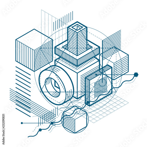 Abstract vector background with isometric lines and shapes. Cubes, hexagons, squares, rectangles and different abstract elements. photo