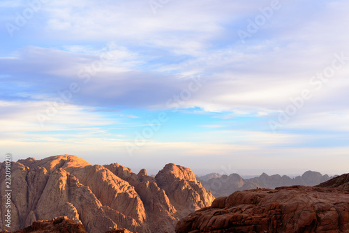 Aerial view of Sinai mountains in Egypt from Mount Moses at sunr