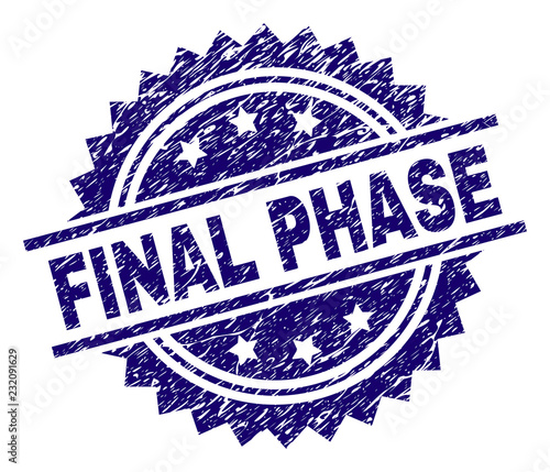 FINAL PHASE stamp seal watermark with distress style. Blue vector rubber print of FINAL PHASE tag with corroded texture.
