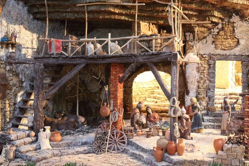 A nativity scene in the Shore Market (Mercado de la Ribera) in Bilbao, Basque Country, Spain, representing an old terracotta vases artisan shop