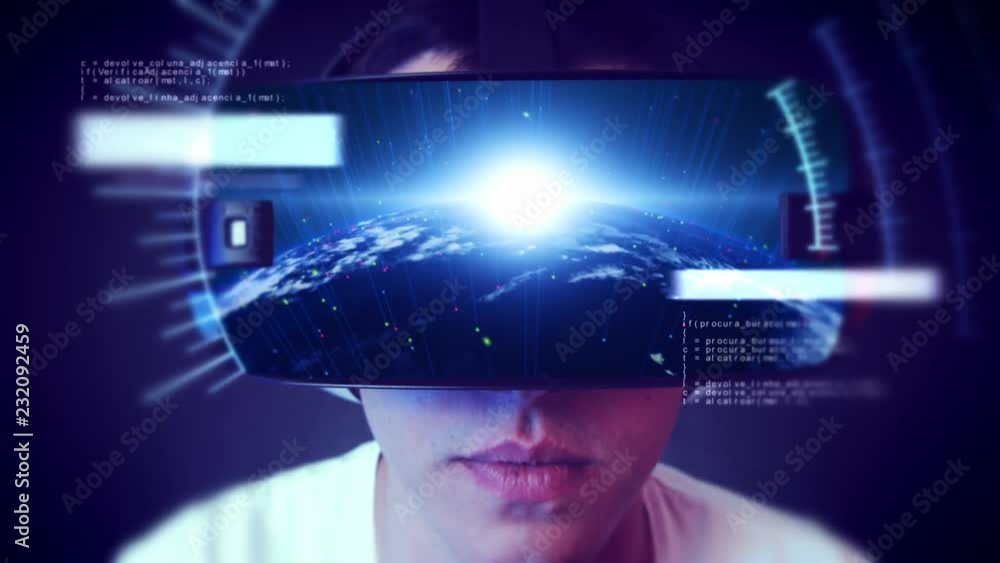 Young man wearing VR headset and experiencing virtual reality. Technology related digital earth network concept. Young man wearing VR headset and experiencing virtual reality. Technology related digital earth network concept.