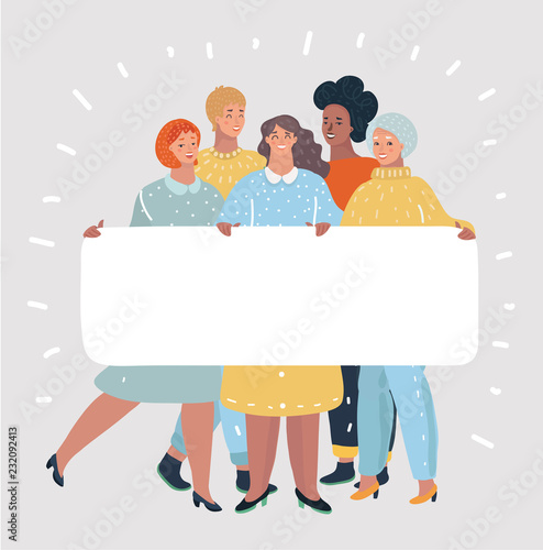 Group women with blank white banner. Girl Power