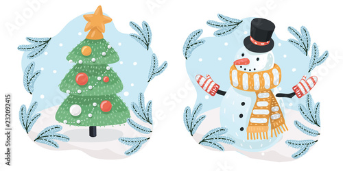 Snowman and Christmas tree under snowfall
