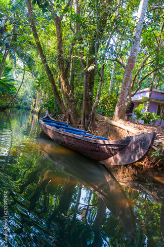 Traditional boat of Kerala Backwaters moored to the shore