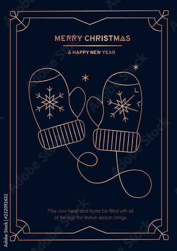 Luxury Christmas greeting card or banner design template with gloves. Rose gold geometric lines background for holidays.