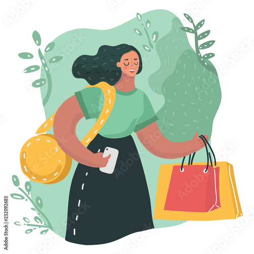 Young woman with smartphone and shopping bags