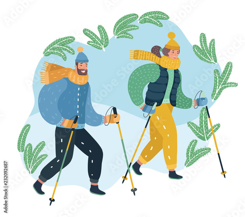 Couple of husband and wife engaging Nordic walking
