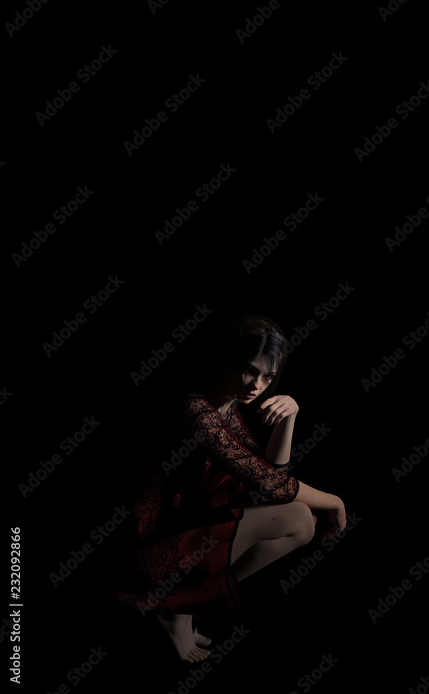 dancer with red dress and little light in studio