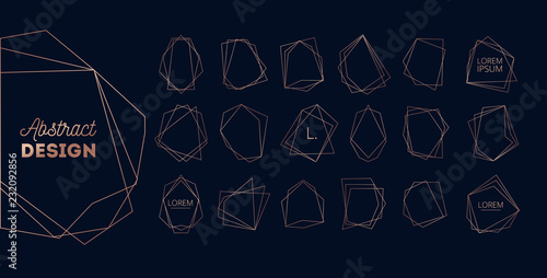 Modern rose gold design templates on navy blue background. Trendy geometric shapes for wedding, invitation etc.