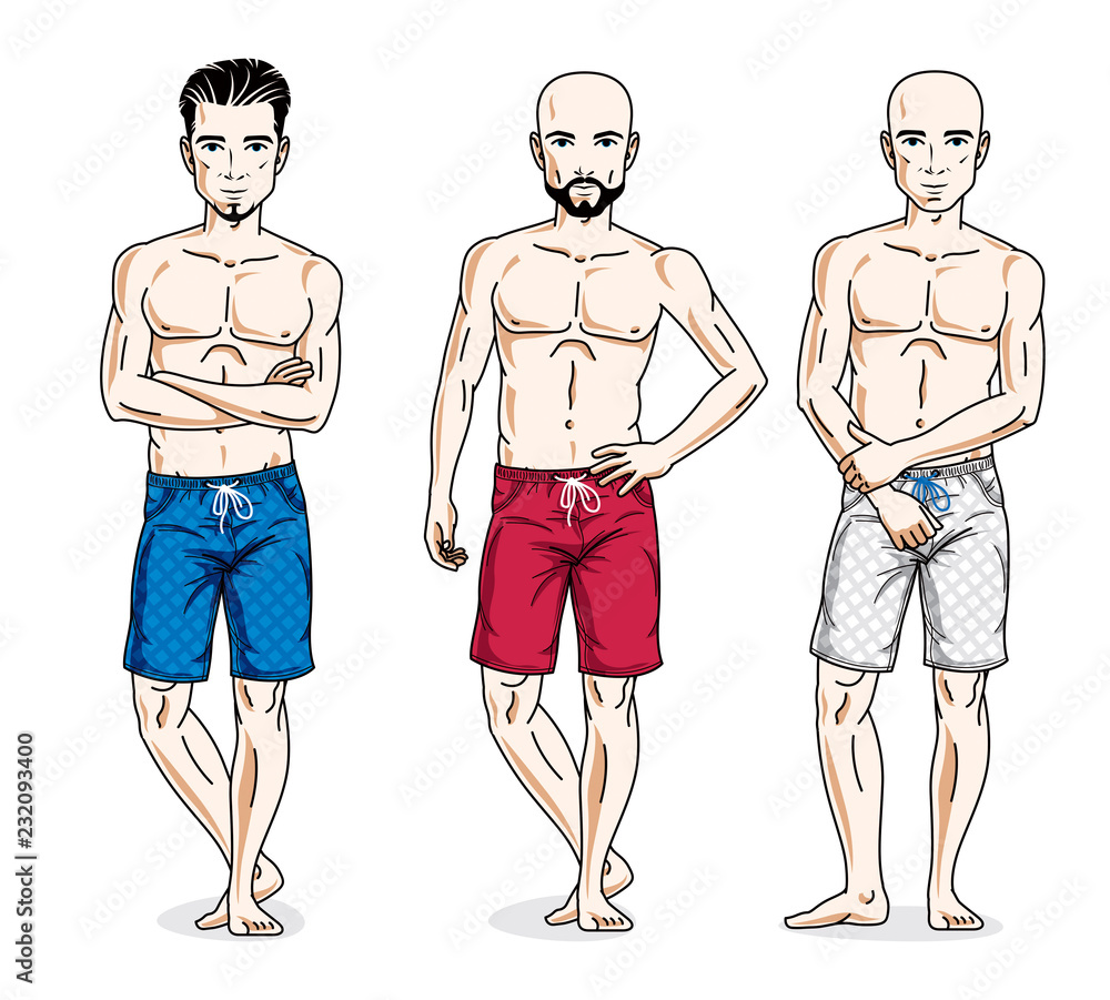 Happy men standing with athletic body, wearing beach shorts. Vector different people characters set. Lifestyle theme male characters. Happy men standing with athletic body, wearing beach shorts. Vector different people characters set. Lifestyle theme male characters.