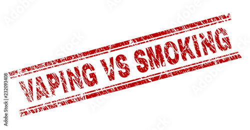 VAPING VS SMOKING seal print with distress texture. Red vector rubber print of VAPING VS SMOKING label with grunge texture. Text title is placed between double parallel lines.