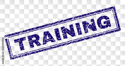 TRAINING stamp seal print with rubber print style and double framed rectangle shape. Stamp is placed on a transparent background. Blue vector rubber print of TRAINING tag with unclean texture.