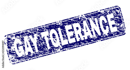 GAY TOLERANCE stamp seal print with grunge style. Seal shape is a rounded rectangle with frame. Blue vector rubber print of GAY TOLERANCE label with corroded style.