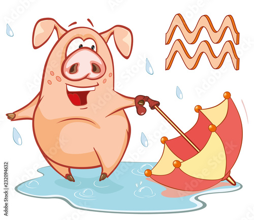  Illustration of a Cute Pig. Astrological Sign in the Zodiac Aquarius. Cartoon Character