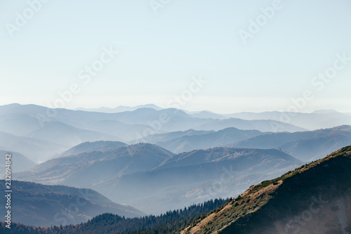 Aerial view of beautiful hazy mountains landscape, Carpathians, Ukraine