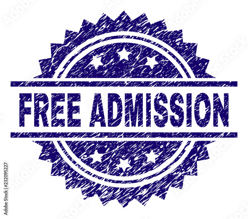 FREE ADMISSION stamp seal watermark with distress style. Blue vector rubber print of FREE ADMISSION caption with dirty texture.