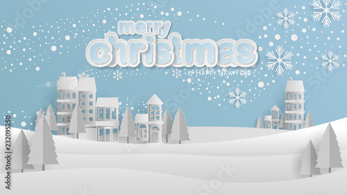 Winter, Village, Forest, Paper Cut, Merry Christmas and Happy New Year Background