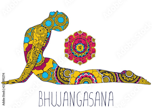 Bhujangasana. A pose in yoga that opens the Svadhishthana chakra. Silhouette in indian mehndi style.