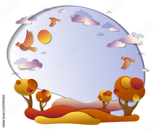 Scenic autumn landscape of meadows and trees  background with copy space  cloudy sky with birds and sun  vector illustration in paper cut kids style. Autumn in countryside  travel and tourism.