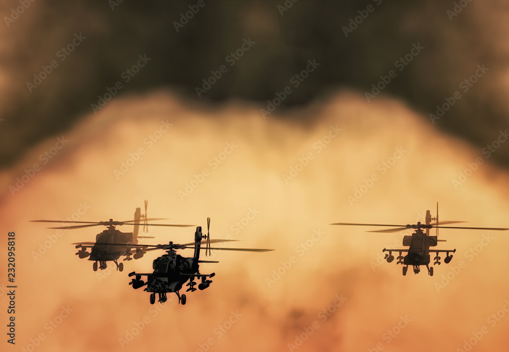 Silhouette of helicopter, soldiers rescue helicopter operations on sunset sky background. Copter in smog. 3D illustration