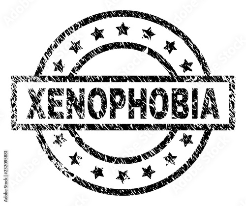 XENOPHOBIA stamp seal watermark with distress style. Designed with rectangle, circles and stars. Black vector rubber print of XENOPHOBIA label with unclean texture.