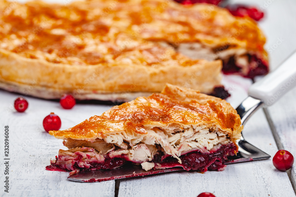 Christmas pie with turkey and cranberry. Close up Christmas pie with turkey and cranberry. Close up