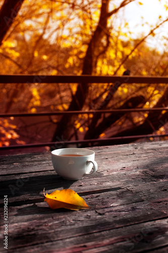 cup of tea on balcony with nature view. Cup of autumn tea.
