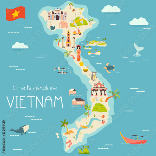 Vietnam cartoon map with destinations. elements