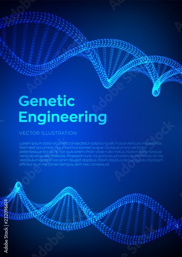 DNA sequence. Wireframe DNA molecules structure mesh. DNA code editable template. Science and Technology concept. Flyer or brochure template. Vector illustration.