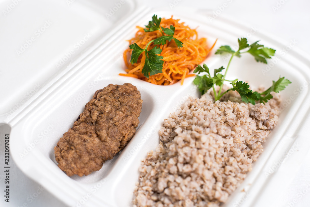 lunch box set. Disposable plastic lunch box. A white food box, lunch, fast food, isolated on white background lunch box set. Disposable plastic lunch box. A white food box, lunch, fast food, isolated on white background