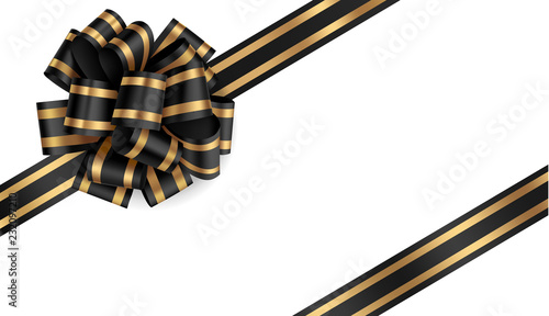 Decorative black bow with diagonally ribbon on the corner. Vector bow for page decor