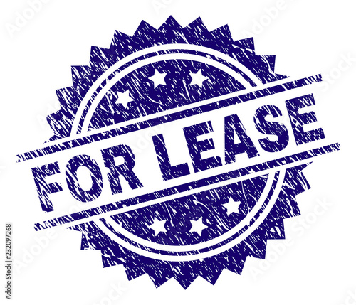 FOR LEASE stamp seal watermark with distress style. Blue vector rubber print of FOR LEASE label with grunge texture.