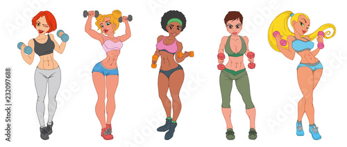 Set of sports girls with dumbbells