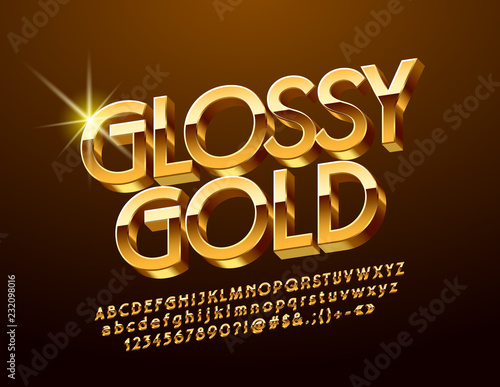 Vector Glossy 3D Alphabet. Golden rotated Alphabet Letters, Numbers and Symbols.