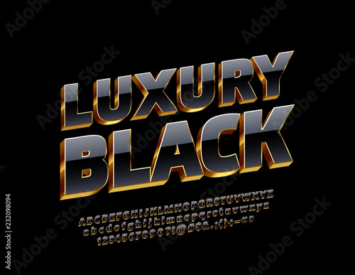 Vector luxury Black Alphabet Letters, Numbers and Symbols. Bright 3D Font.