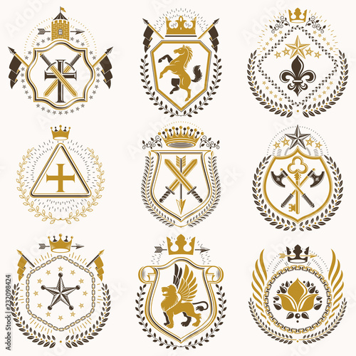 Set of luxury heraldic vector templates. Collection of vector symbolic blazons made using graphic elements, royal crowns, medieval castles, armory and religious crosses.