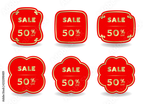 Set of Chinese New Year sale banner with border gold on red background vector design