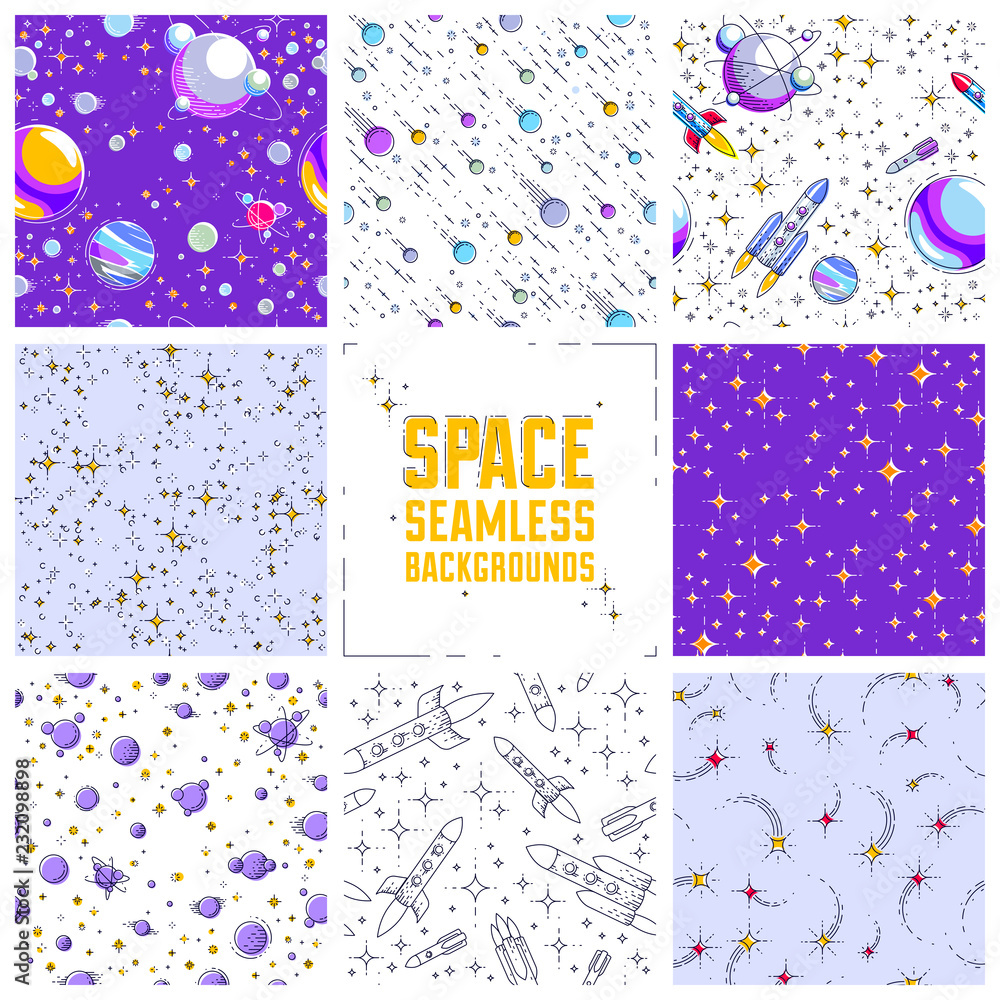 Fototapeta premium Set of seamless space backgrounds with rockets, planets, asteroids, comets, meteors and stars, undiscovered deep cosmos fantastic textiles fabric for children, endless tiling pattern, vector.