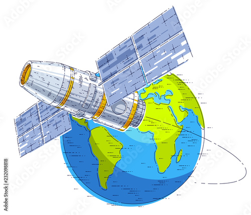 Space station flying orbital spaceflight around earth, spacecraft spaceship iss with solar panels, artificial satellite. Thin line 3d vector illustration.