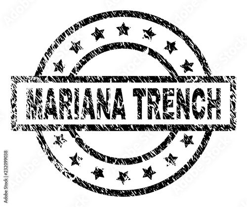 MARIANA TRENCH stamp seal watermark with distress style. Designed with rectangle, circles and stars. Black vector rubber print of MARIANA TRENCH title with unclean texture.