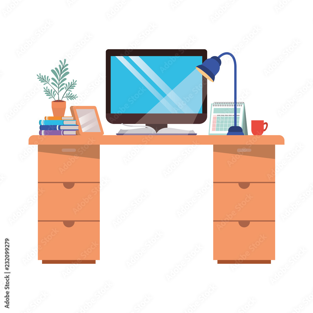 office desk with computer isolated icon office desk with computer isolated icon