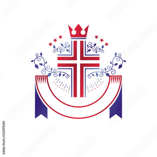 Cross Religious graphic emblem created using imperial crown and floral ornament, Christian crucifixion. Heraldic Coat of Arms, vintage vector logo decorated with beautiful ribbon.