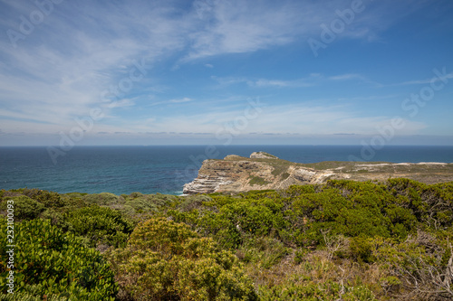 View of the ocean and a rockface with greenery in the foreground