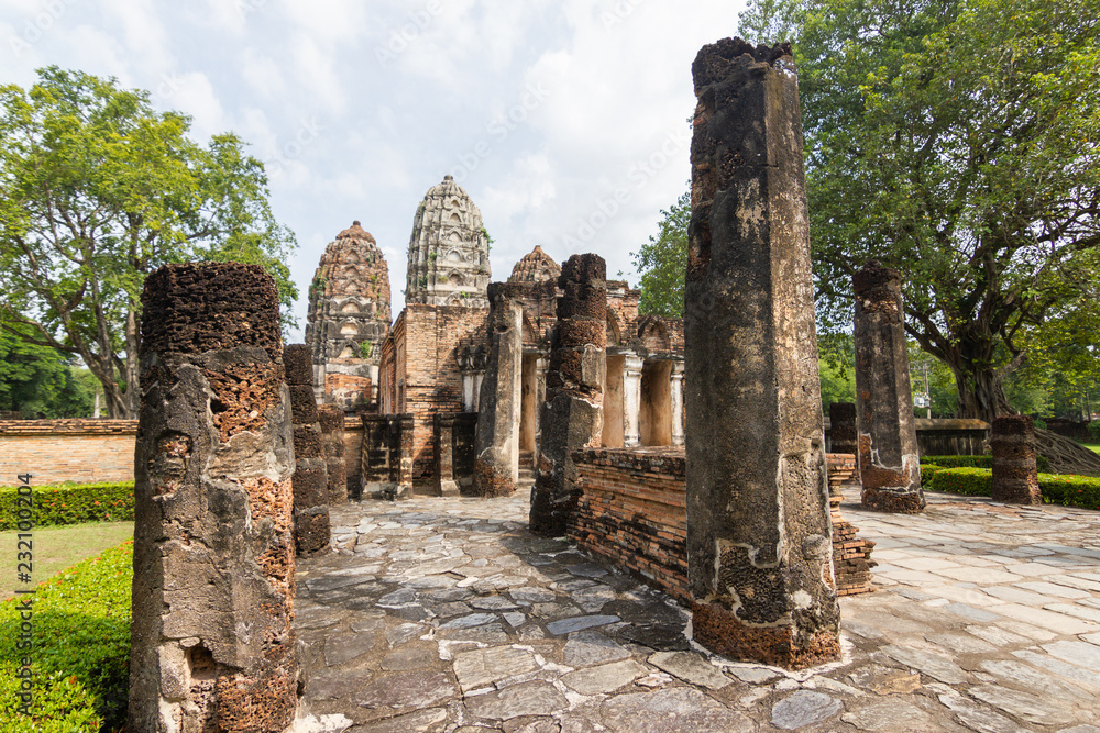The old Buddha image on cement with ruins and ancient, Built in modern history in historical park is the UNESCO world heritage, Sukhothai Thailand.