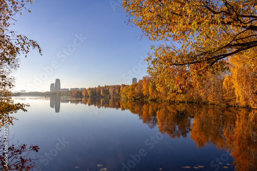 Photography autumn landscape with river in moscow park
