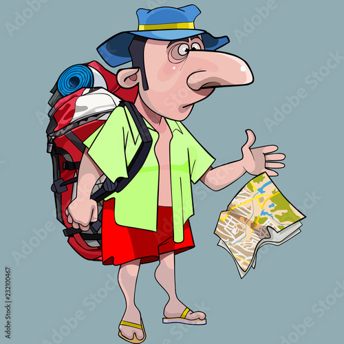 cartoon male tourist with a backpack in fright drops a map