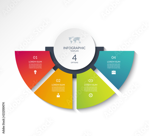 Business infographic semi circle template with 4 options. Can be used as a chart, workflow layout, diagram, data visualization, minimalistic web banner.